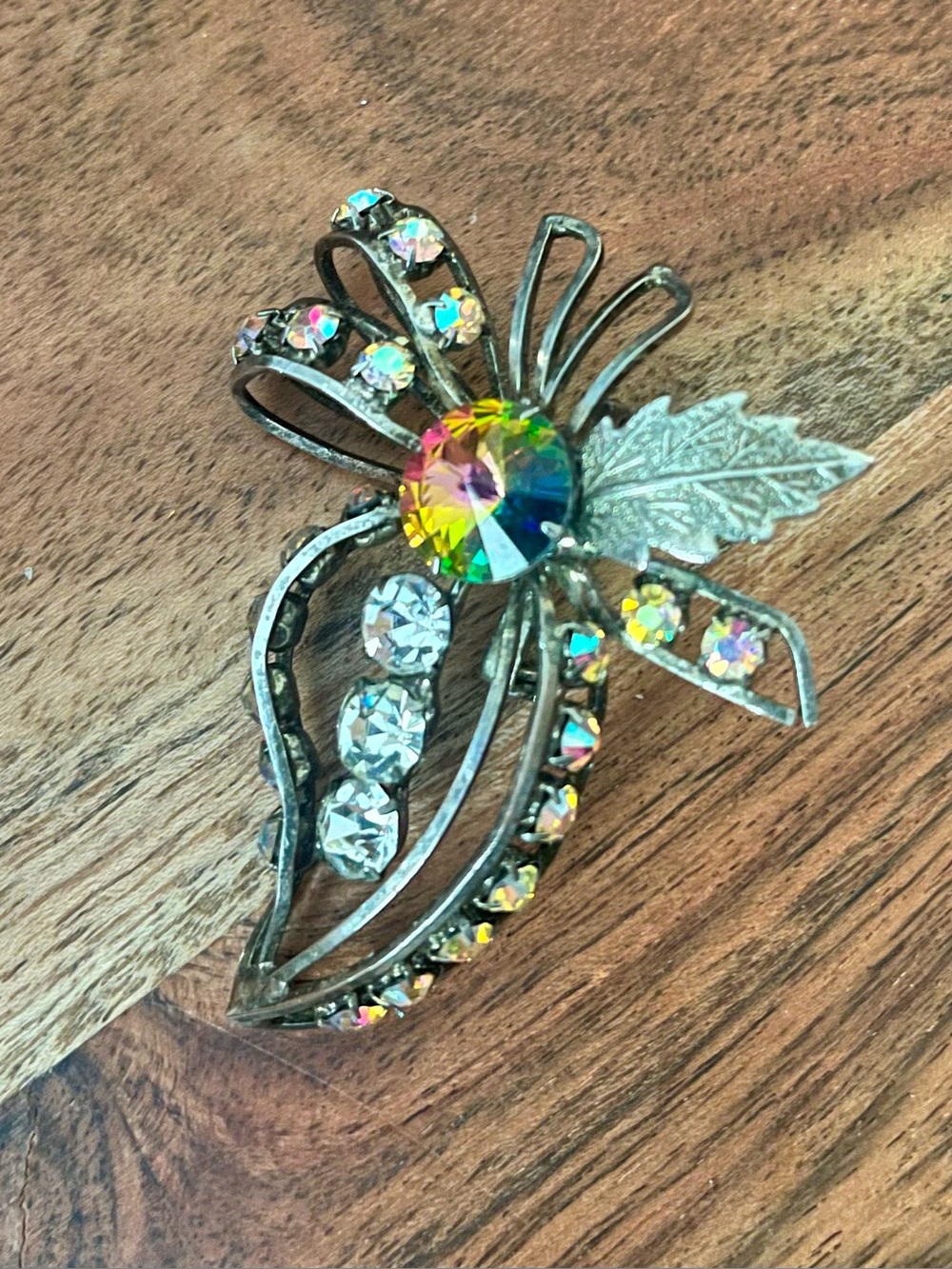Vintage Stunning Ravioli AB Watermelon Rhinestone Flower Bow Pin Brooch